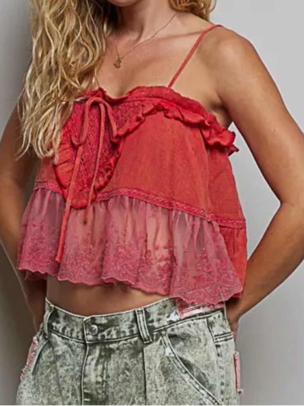 POL-Lace-Trim Ruffle Camisole Top - Dried Tomato